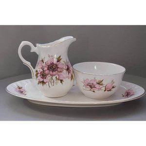 Crown Staffordshire Creamer, Sugar Bowl and Tray, With Pink Flowers and Gold
